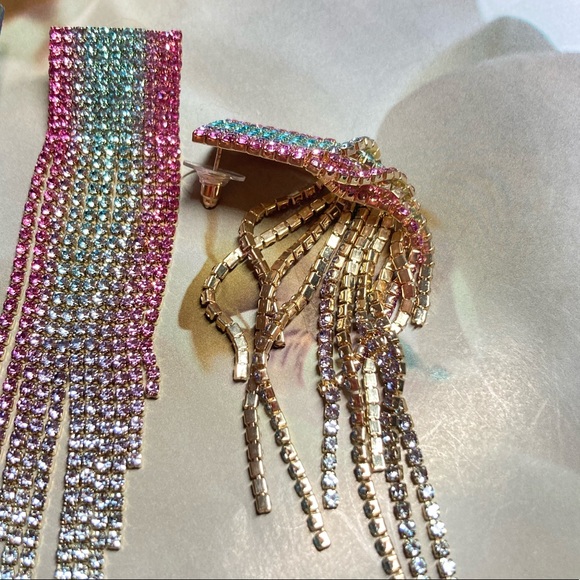 Pink Blue Rhinestone Long Drop Earrings - Picture 6 of 6